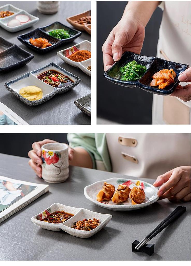 Japanese Ceramic Double-Compartment Dish for Dipping Sauces and Seasonings