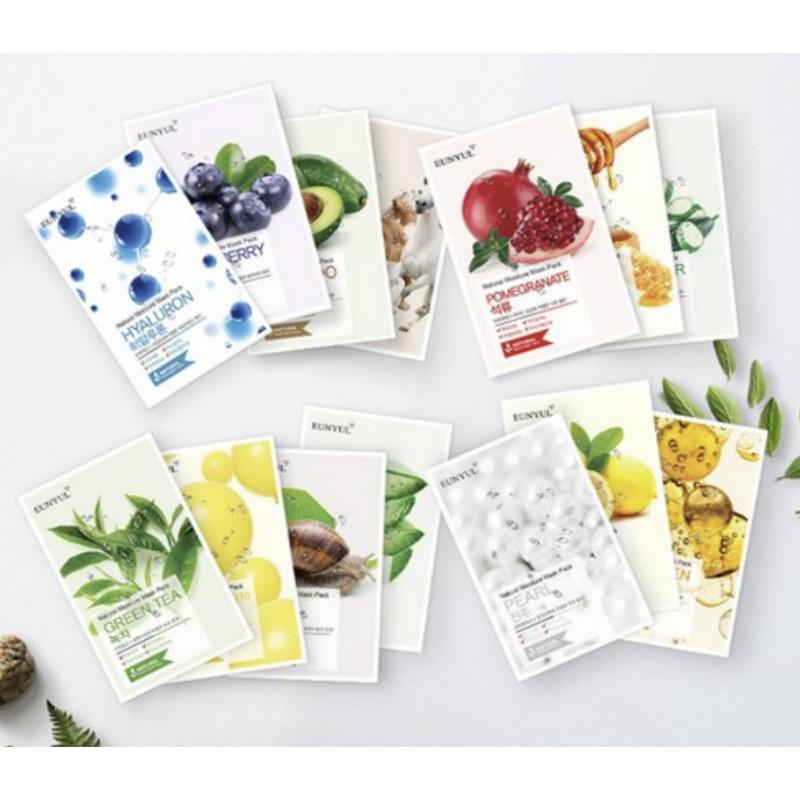 Eunyul Natural Moisture Mask Pack Set – Aloe 10pcs + Collagen 10pcs + Pearl 10pcs + Hyaluron 10pcs + Avocado 10pcs (Total 50pcs, 1 Set)