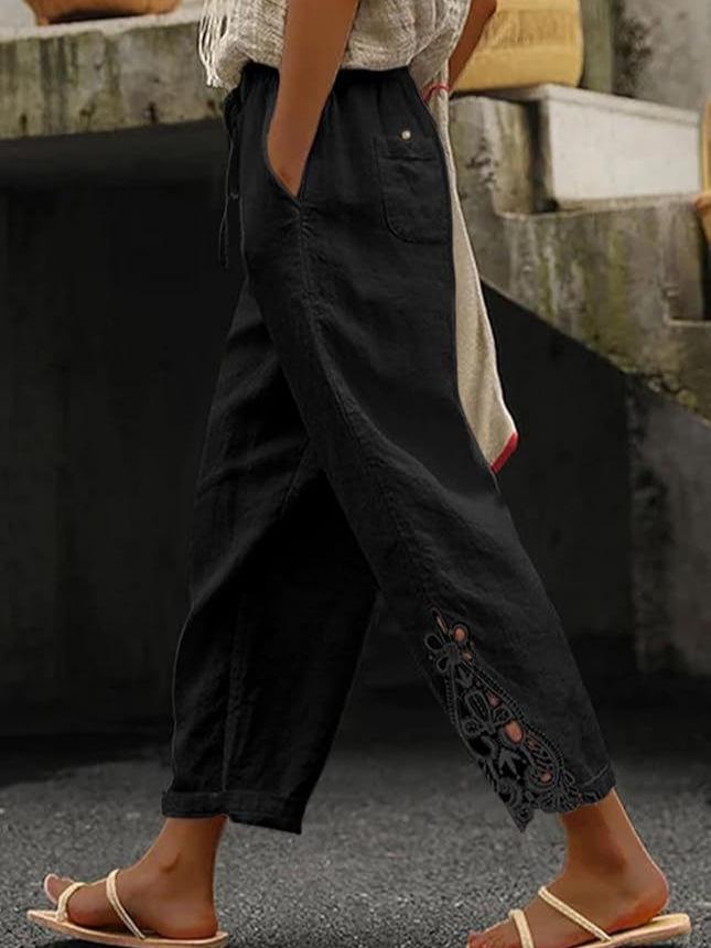Autumn Lace Patchwork High-Waist Drawstring Cropped Casual Pants with Pockets 2025