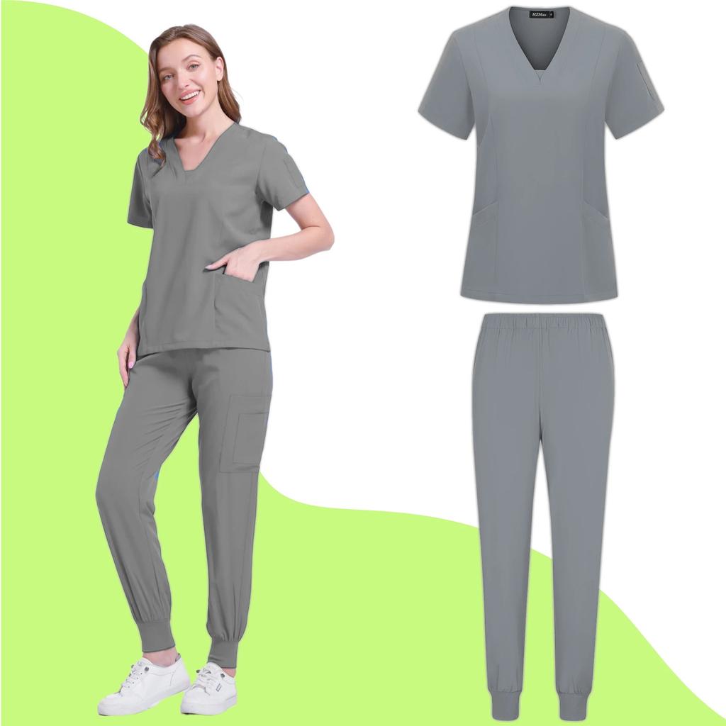 Costum de lucru pentru femei, larg și confortabil, cu mâneci scurte și decolteu în V, cu buzunare multiple