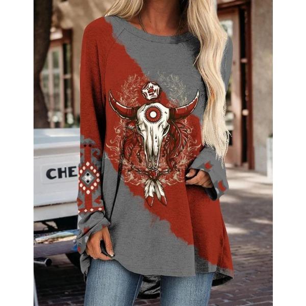 Round Neck 3D Ethnic Style Printed Top Fashionable Casual Long Sleeved Women's T-shirts
