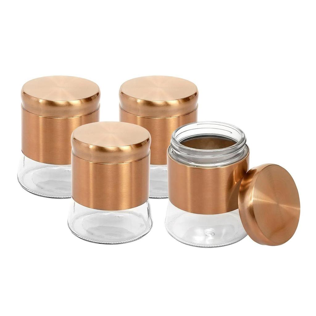 1250 ML Airtight Steel Jacketed Glass Jars Set of 4 - With Oval Glass Window Containers for Pulses, Dry Fruits, Snacks, Tea, Coffee, Kitchen Pantry