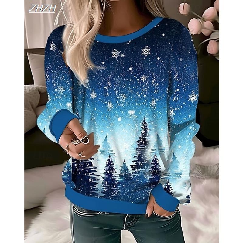 Women's Pullover Graphic Christmas Tree Abstract Casual Long Sleeve Crew Neck Regular Tops Casual Holiday Print Fall Winter