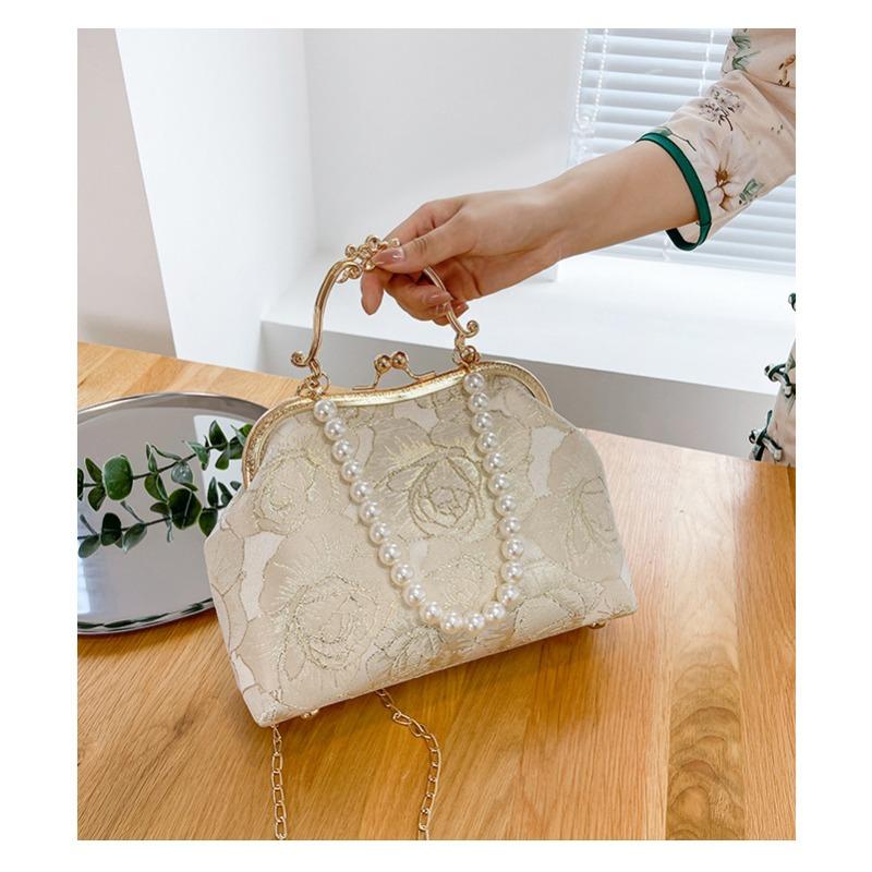Luxury Oriental Handbag Pearl Embellished Lace Tote Bag for Women