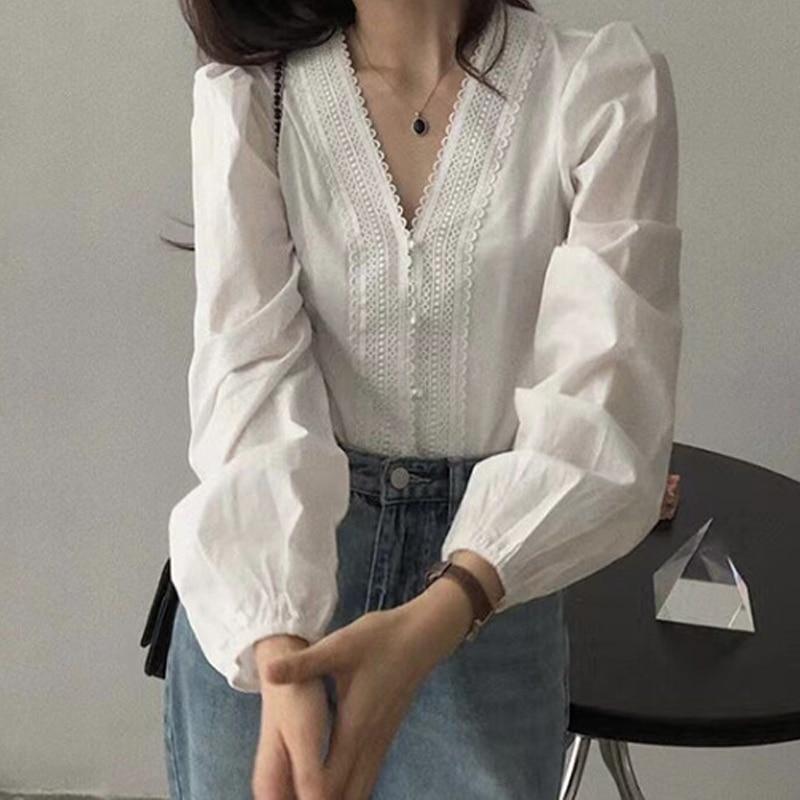 

Винтажные кружевные блузки с v-образным вырезом, белые женские топы с французскими фонарями и длинными рукавами, весенние элегантные рубашки с цветком и крючком, расшитые бисером 25846 XL белый