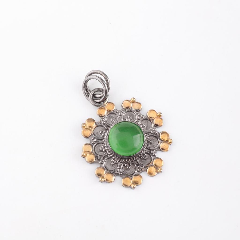 Rare Green Cat's Eye Gemstone 925 Sterling Silver Jewelry Handmade Pendant 1.26" PP-32-41