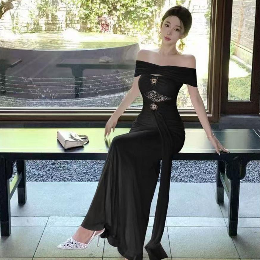 [With Chest Pads] Beautiful One-word Shoulder Dress Female Summer Socialite High-end Sexy Birthday Dress Waist Dress