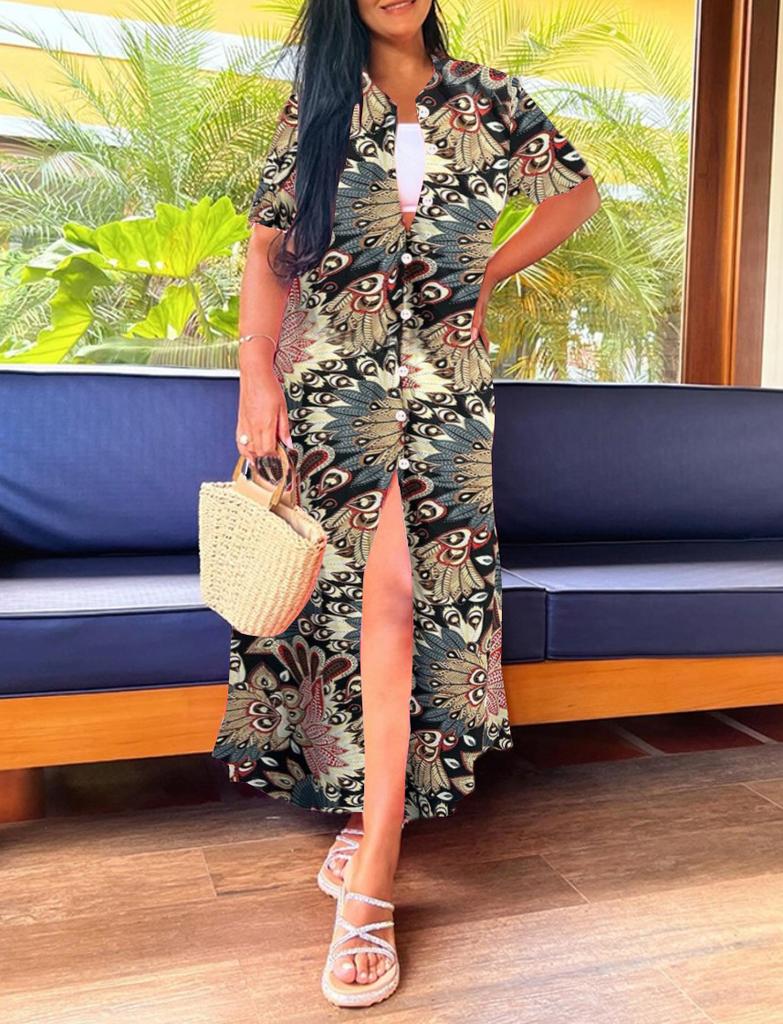 Summer Short Sleeve Casual Long Stripe Printed Dress Women's Clothing