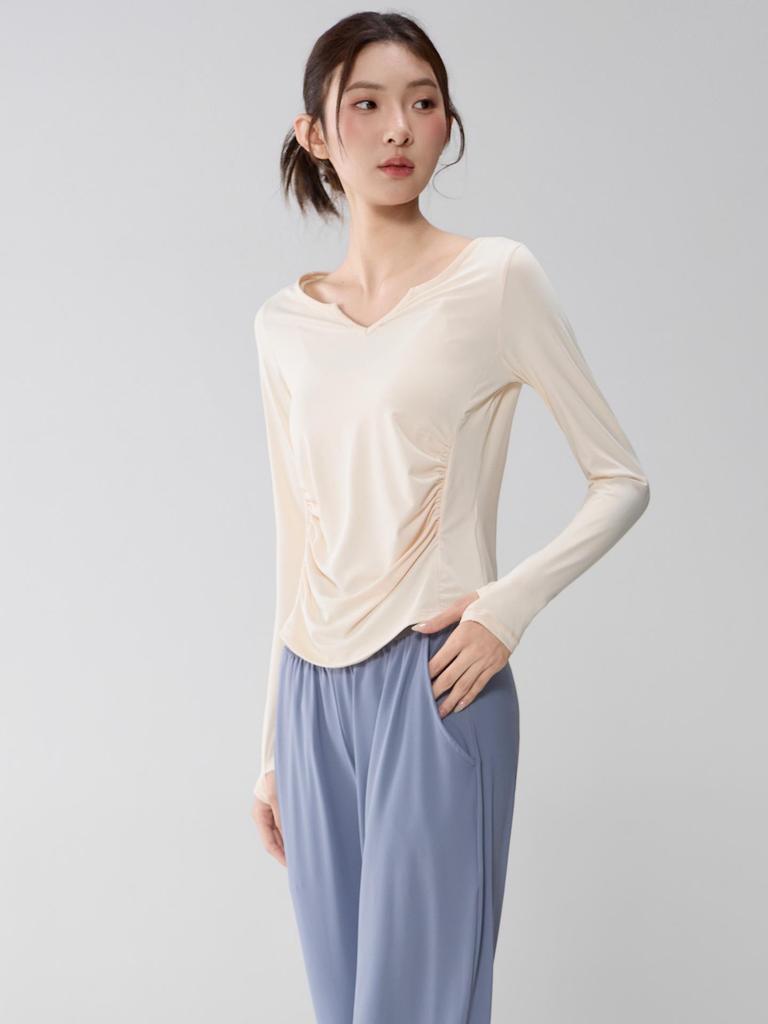 Women's V-Neck Yoga Suit: Loose, Quick-Dry, Long Sleeve for Casual Sports and Pilates Training