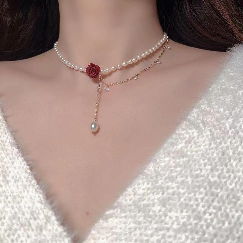 Rose Zircon Pearl Necklace Women's Light Luxury Niche Design Wind Neck Chain Collarbone Chain Temperament Necklace