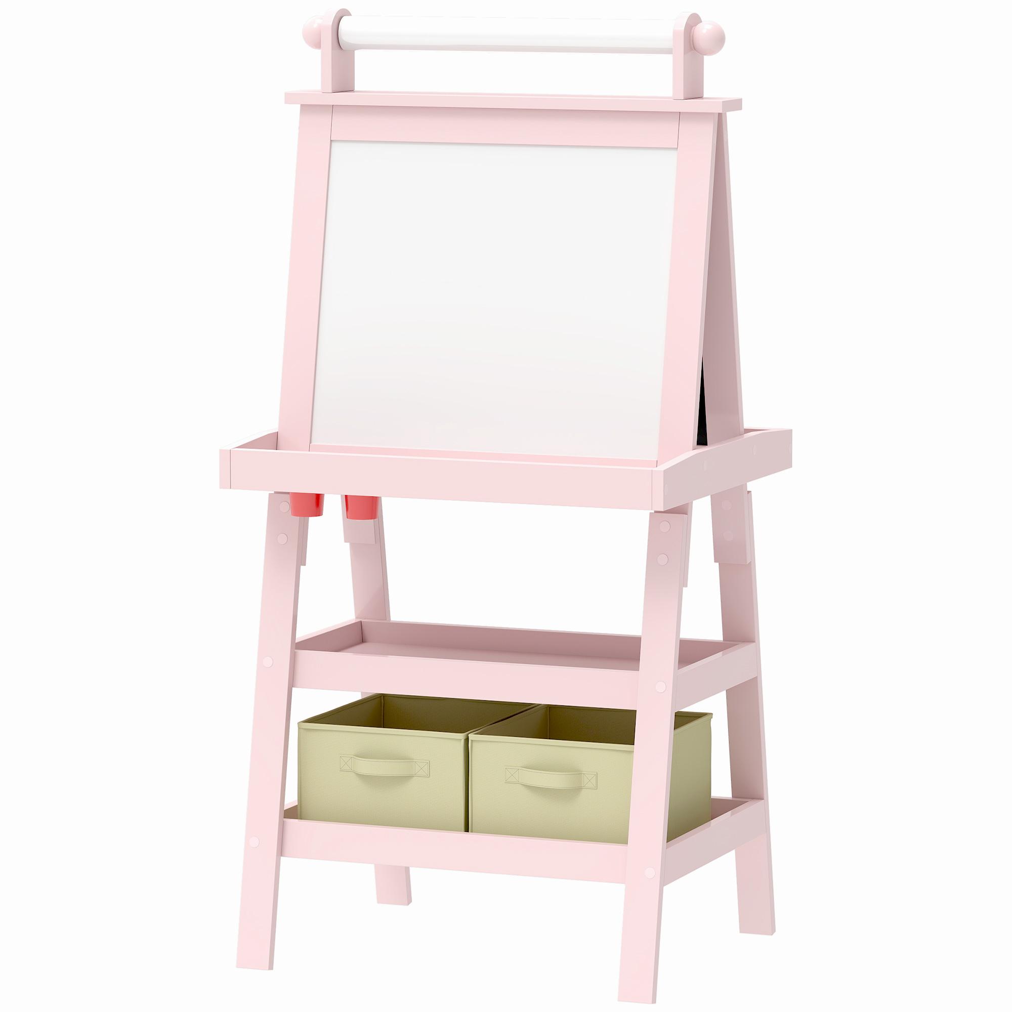 Chevalet pour enfants 3 en 1 Double face Tableau blanc magnétique et Tableau noir Avec Rangement Rouleau de papier Paniers Rose