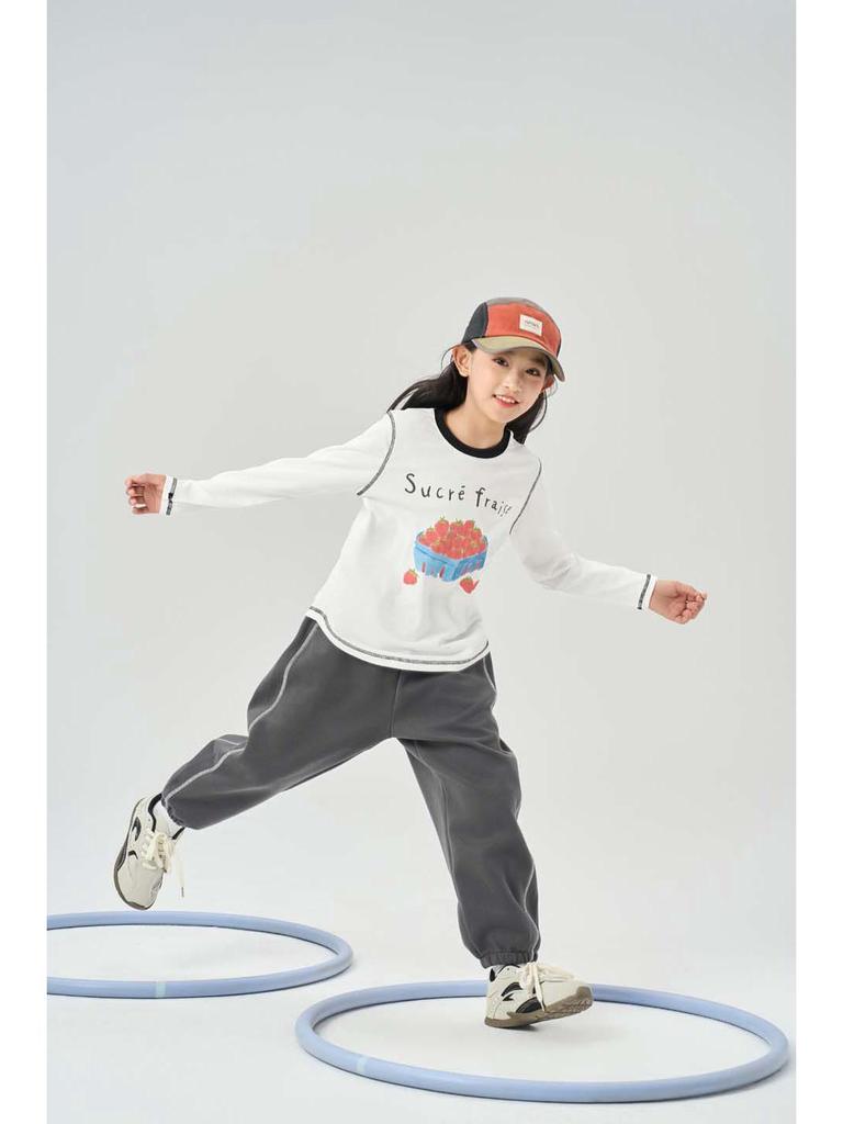 Autumn Kids' Color Block Cartoon Linen T-Shirt - Boys & Girls Long Sleeve Crew Neck