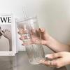 600Ml Large Capacity Stripe Glass Cup With Lid And Straw Transparent Drinking Glasses Water Cup Outdoor Drinkware Mug