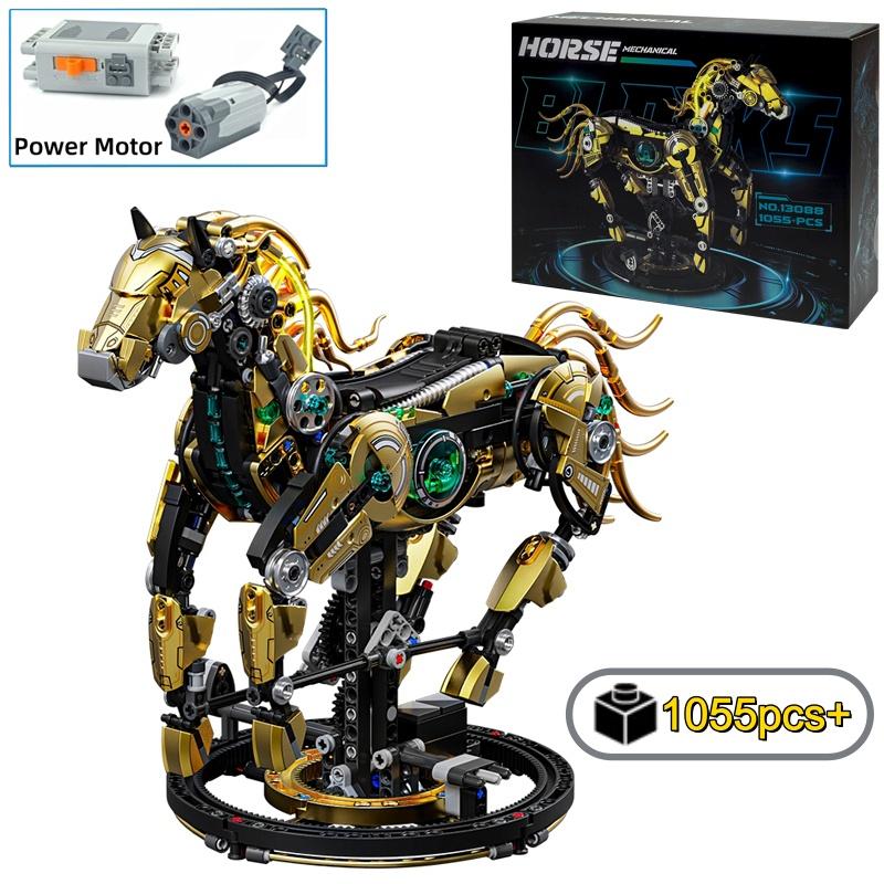 1055pcs Mechanical Horse Building Blocks Set STEM Animal Model Desktop Ornament Toy Christmas Birthday Gifts for Kids Boys
