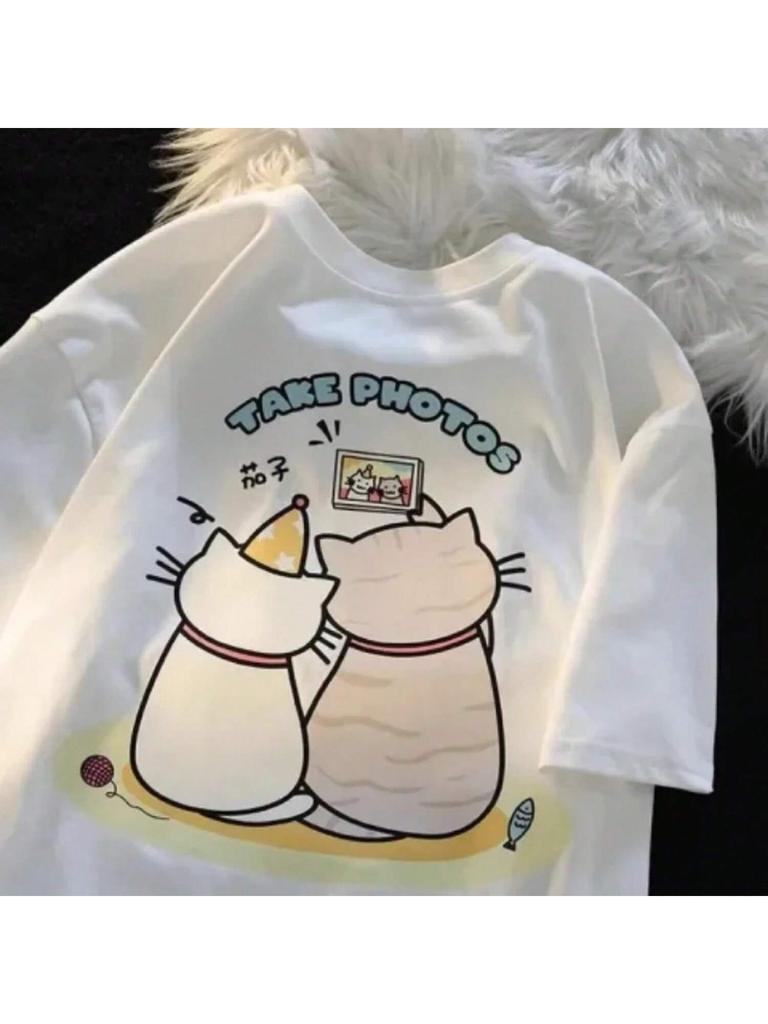 Summer Cartoon Two Cats Cute Printed Short Sleeve T-Shirt Loose Fashion Fashion Wounisex With The Same Crewneck Top Fashion Y2K Top
