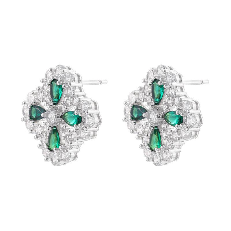 Light Luxury Copper Inlaid With Colored Diamonds, Four-Leaf Clover Earrings, Women'S High-End Flower Petal Earrings Ve1625