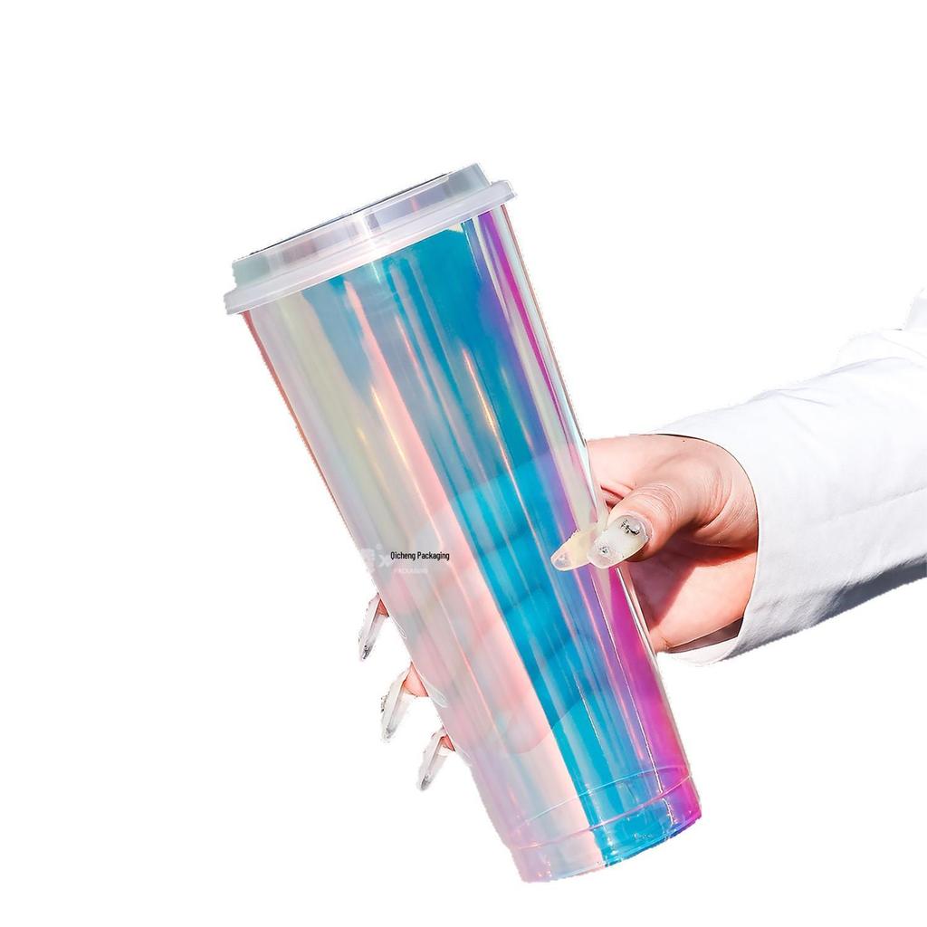 1L Disposable Rainbow Milk Tea Cup with Lid, 98mm Caliber, Colorful Laser Film Inner