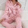 Set Pijama Trendy European American Mătase de Gheață Fashion Cămașă cu Pene de Struț Pantaloni Lungi Croială Lejeră Două Piese Ținută Serviciu Acasă