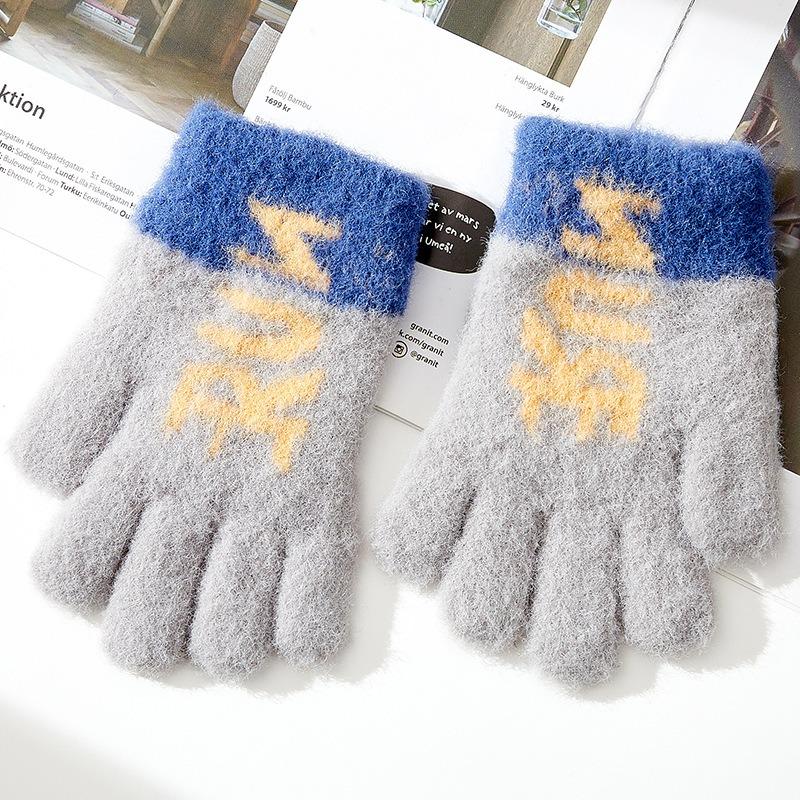 

Winter new children s winter warm gloves full finger letter jacquard boy boy five fingers cute student knitting One size светло-серый