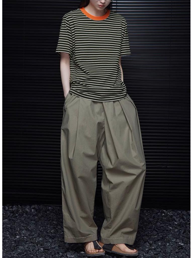 2024 Summer Women's Retro Dark Green Striped Short-Sleeve T-Shirt, Round Neck, Versatile, Thin
