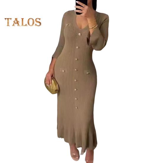 Spring Fall Women Dress Button Decor V Neck Knitted Long Sleeves Slim Fit Patchwork Fishtail Hem Solid Color Stretchy Maxi Dress