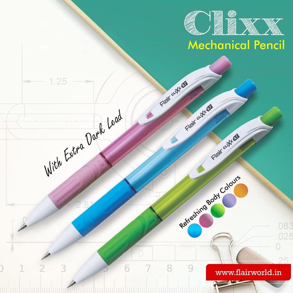 FLAIR Clixx 0.7 mm Mechanical Pencil Pack of 10 | Triangular Barrel, Ergonomic Grip, Free Lead Tube, Lightweight for School & Office