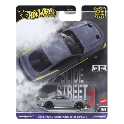 Hot Wheels Car Culture Slide Street 2018 Ford Mustang RTR Spec 5 Vehicle Toy Diecast Car for Ages 3 and Up, Gray, HKC85