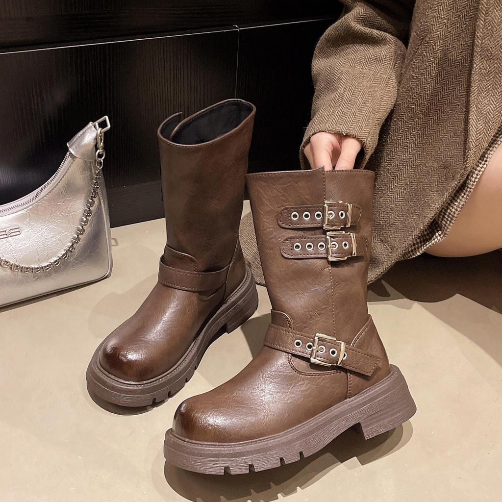 Maillard Plateau Martin Stiefel Damen 2025 Herbst und Winter neu kleine schlanke kurze Stiefel Gürtelschnalle mittelhohe Schaft Ritterstiefel