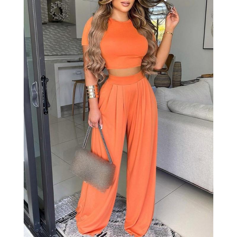 YYFS Women's Fashion Casual Summer Spring Solid Color Print Short Sleeve O-Neck Trousers Pants Suits