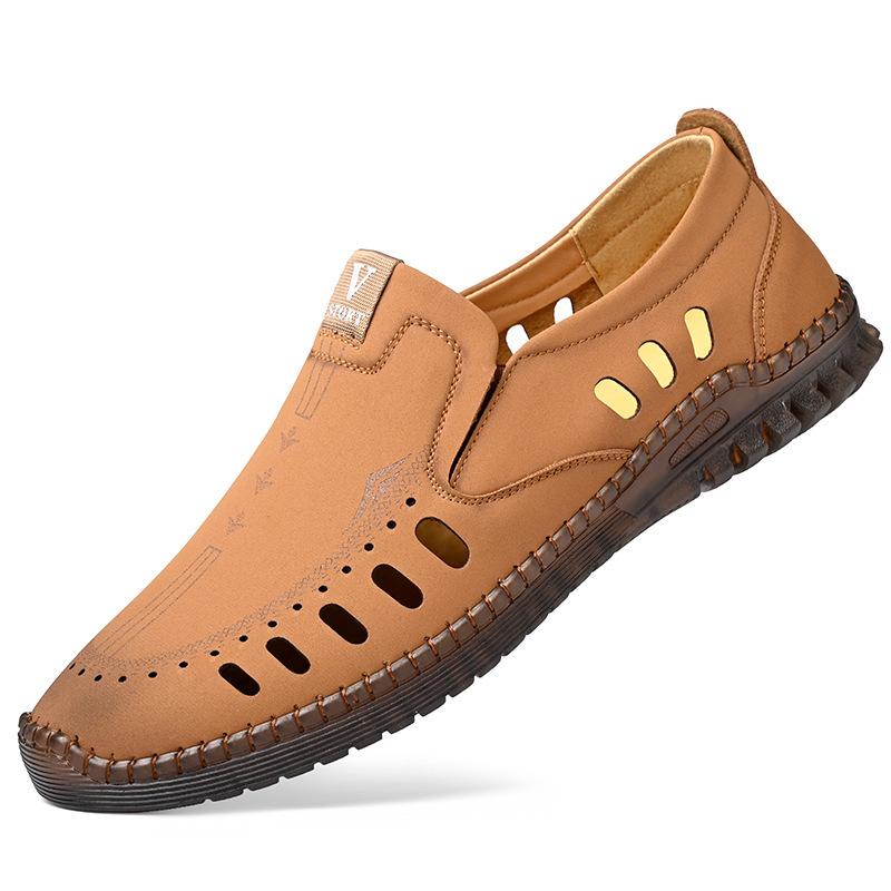 Summer leather sandals, men's hole leather shoes, toe openwork, elderly dads, breathable casual men's shoes