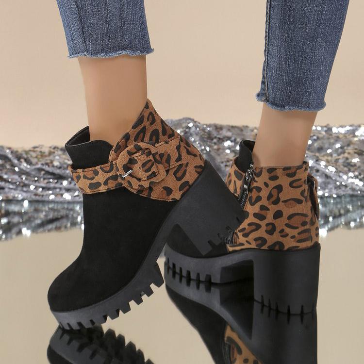 Модные Универсальные Толстые Высокие Каблуки Леопардовый Принт Короткие Ботинки Женские Осень Зима Новые Повседневные Удобные Женские Короткие Ботинки 34EU/CN35
