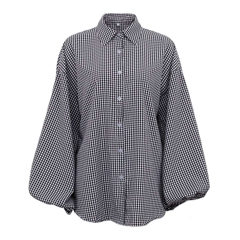 

Checkered Collar Long Sleeve Shirt Women Plaid Lapel Cardigan Long Sleeves Tops Black L