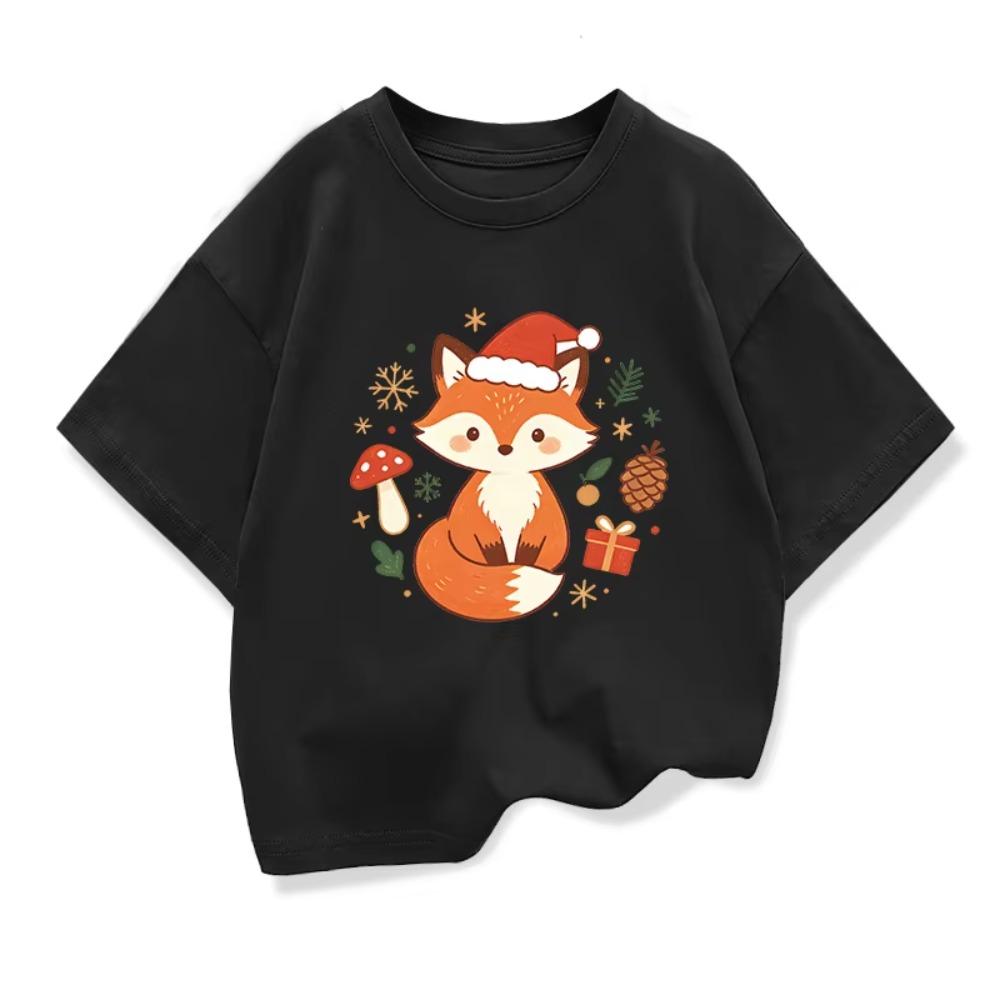 New Cute Cartoon Fox Printed Christmas Children's Gift T-shirt Summer Children's Short Sleeve Printed T-shirt Kids Tops Clothes