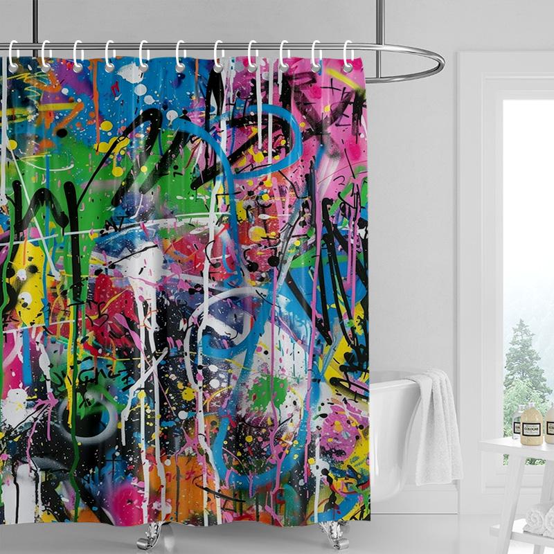 Abstrakter Duschvorhang - Wasserdichtes Farbspritzer-Design mit Halbmond & Punkten, Moderne Badezimmerdekoration für Stilvolle Räume