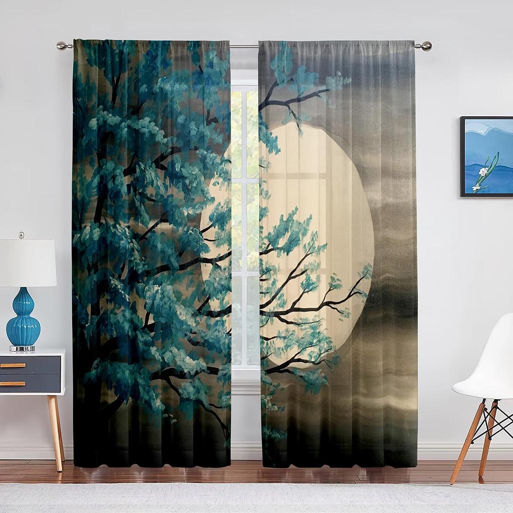 Perdele din șifon cu peisaj fantezic, perdele din tul pentru casă lângă munte și râu, pentru decorarea casei de living