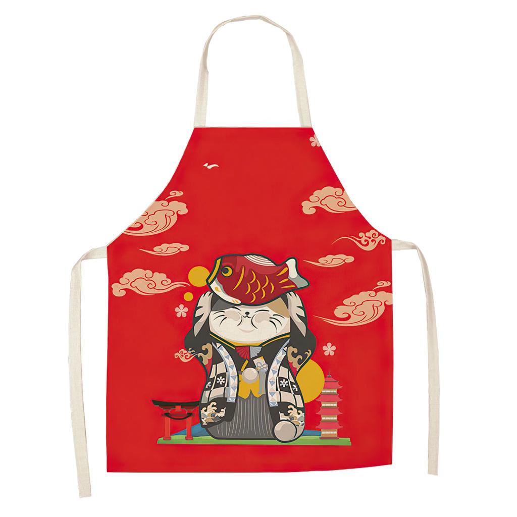 Cotton and Linen Apron Japanese Cartoon Lucky Cat Cooking Sleeveless Bib Waterproof Anti-greasy Kitchen Supplies Chef Apron