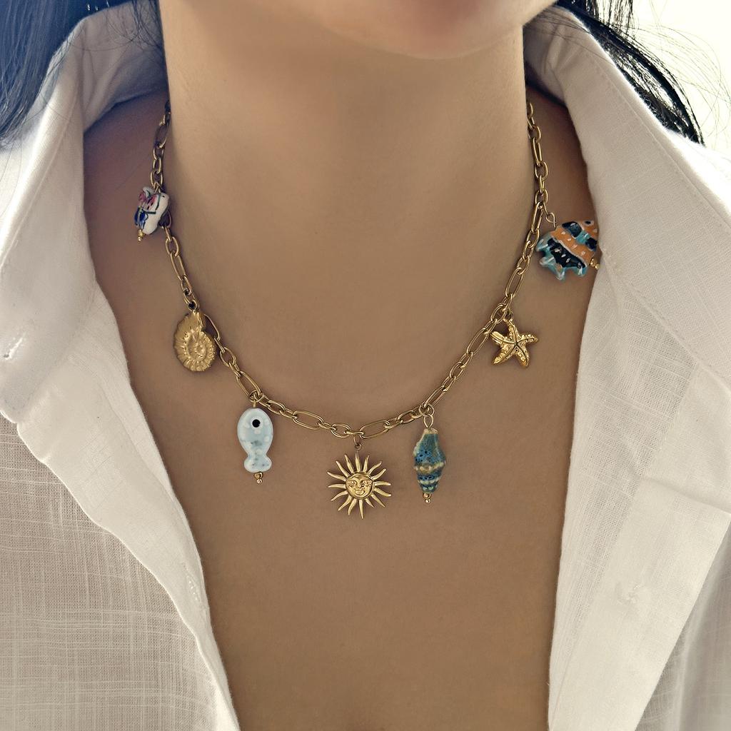 Fashion Stainless Steel Metal Conch Necklaces for Women Cute Shell Tassel Ceramic Fish Necklaces Party Daily Jewelry Gifts