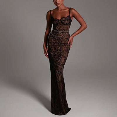 Women's Floral Lace Sexy Cocktail Dress Sleeveless Spaghetti Strap Bodycon Maxi Dress Slim Fit Party Club Evening Dress
