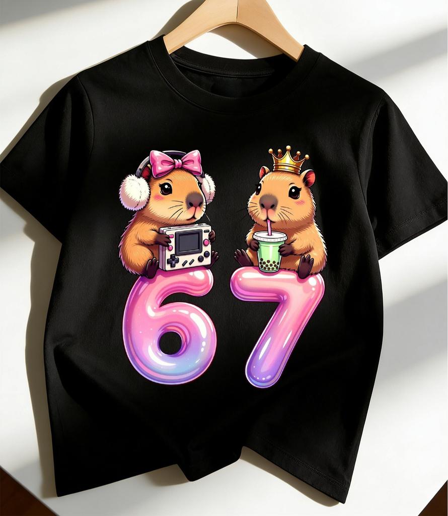 Girls Boys Casual Round Neck Short Sleeve TShirt 67 Number Capybara Cartoon Print TShirt Capybara Lover Birthday Gift Shirts
