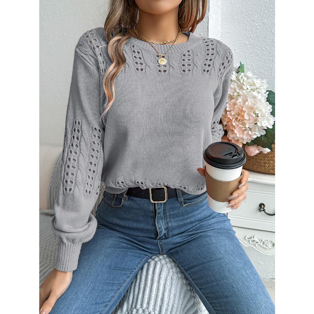 Women's Sweatshirt Casual Solid Colour Openwork Lantern Sleeve Pullover Knit Top