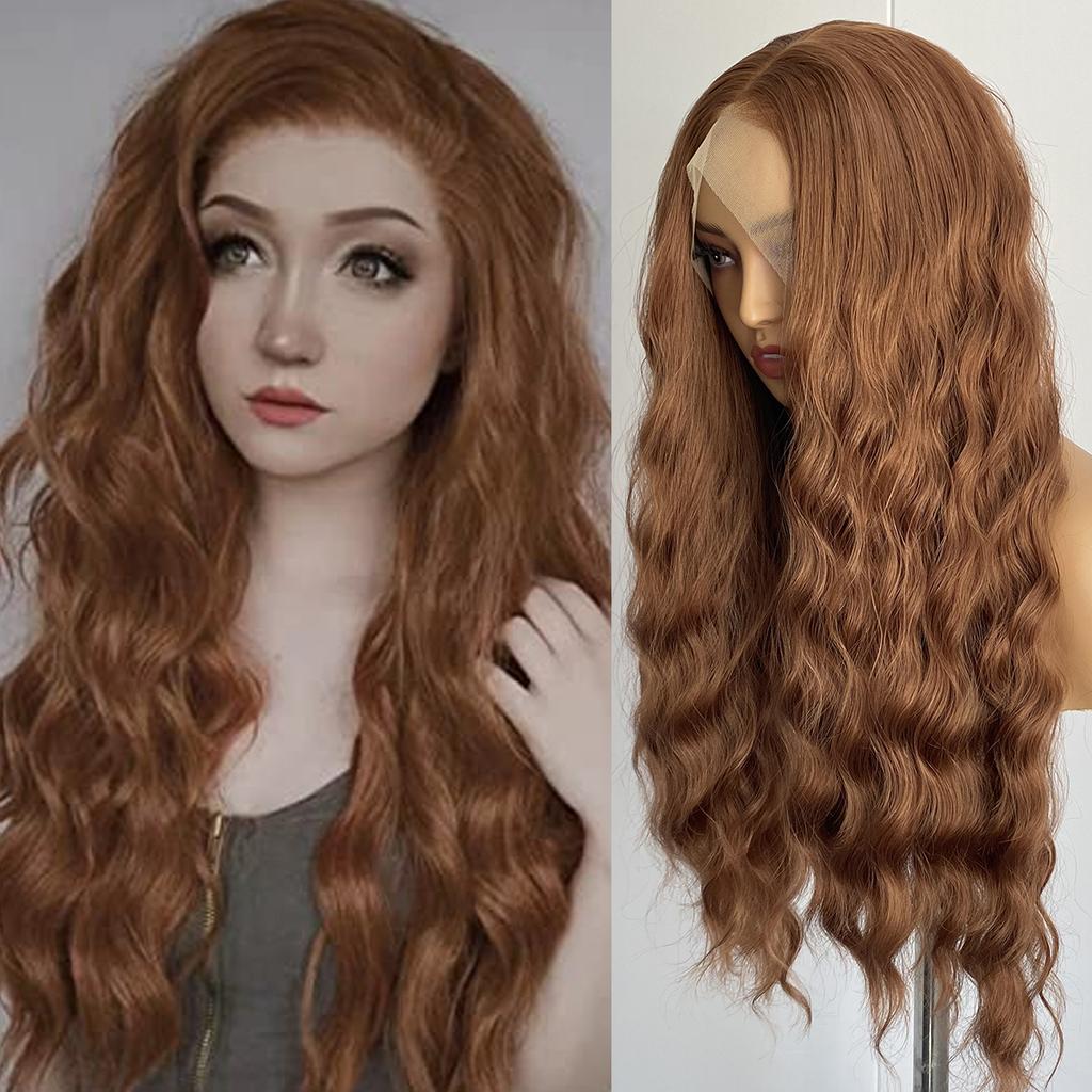 AIMEYA Brown Deep Wave Wig 13x4 Lace Front Synthetic Wigs for Women Natural Hairline Daily Wear Cosplay Wigs Glueless Long Hair