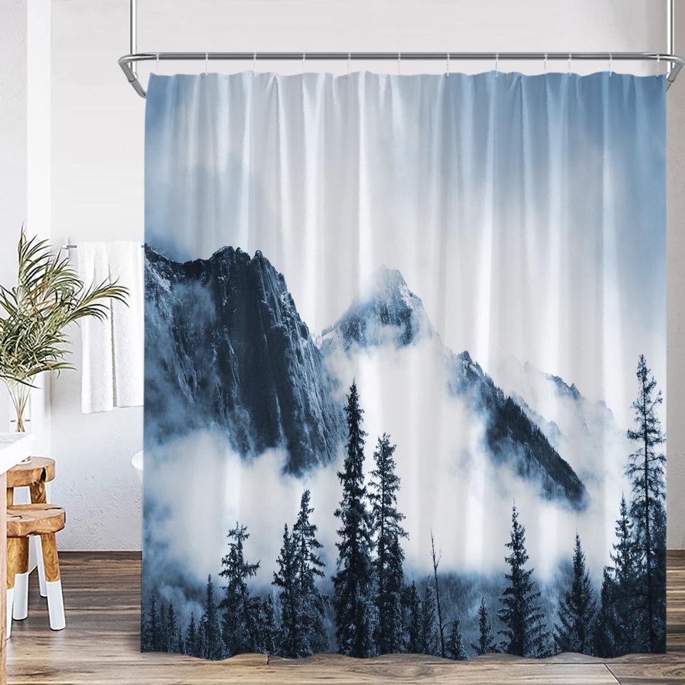 Misty Forest Shower Curtain Foggy Woodland Cloud Pine Tree Nature Nordic Bathroom Decor Modern Minimalist Bath Curtain with Hook