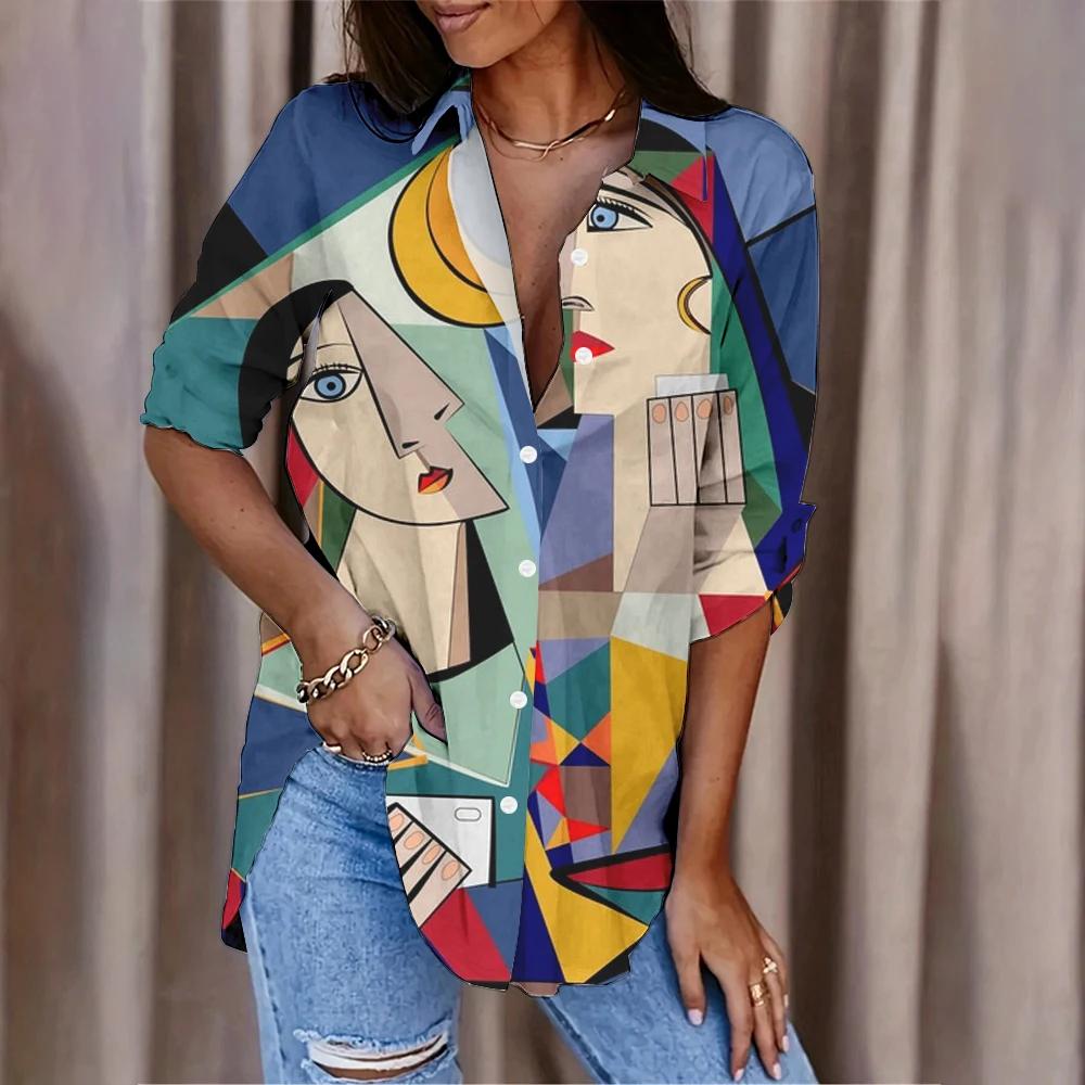 Fashion Abstract Character Avatar Printed Women's Shirt Summer And Autumn Casual Loose Versatile Tops Women Long Sleeve Blouses