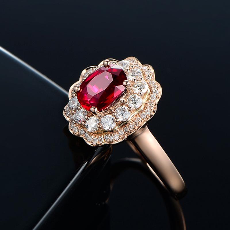 Flower-Shaped Pigeon Blood Ruby Ring with Full Diamond, Adjustable Rose Gold Plated Setting