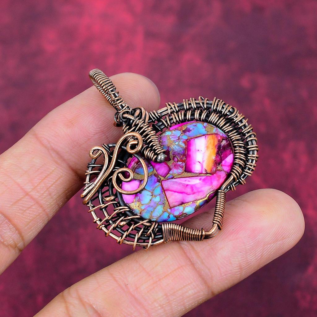 Natural Kingman Pink Dahlia Turquoise Pendant Copper Wire Wrapped Unique Jewelry