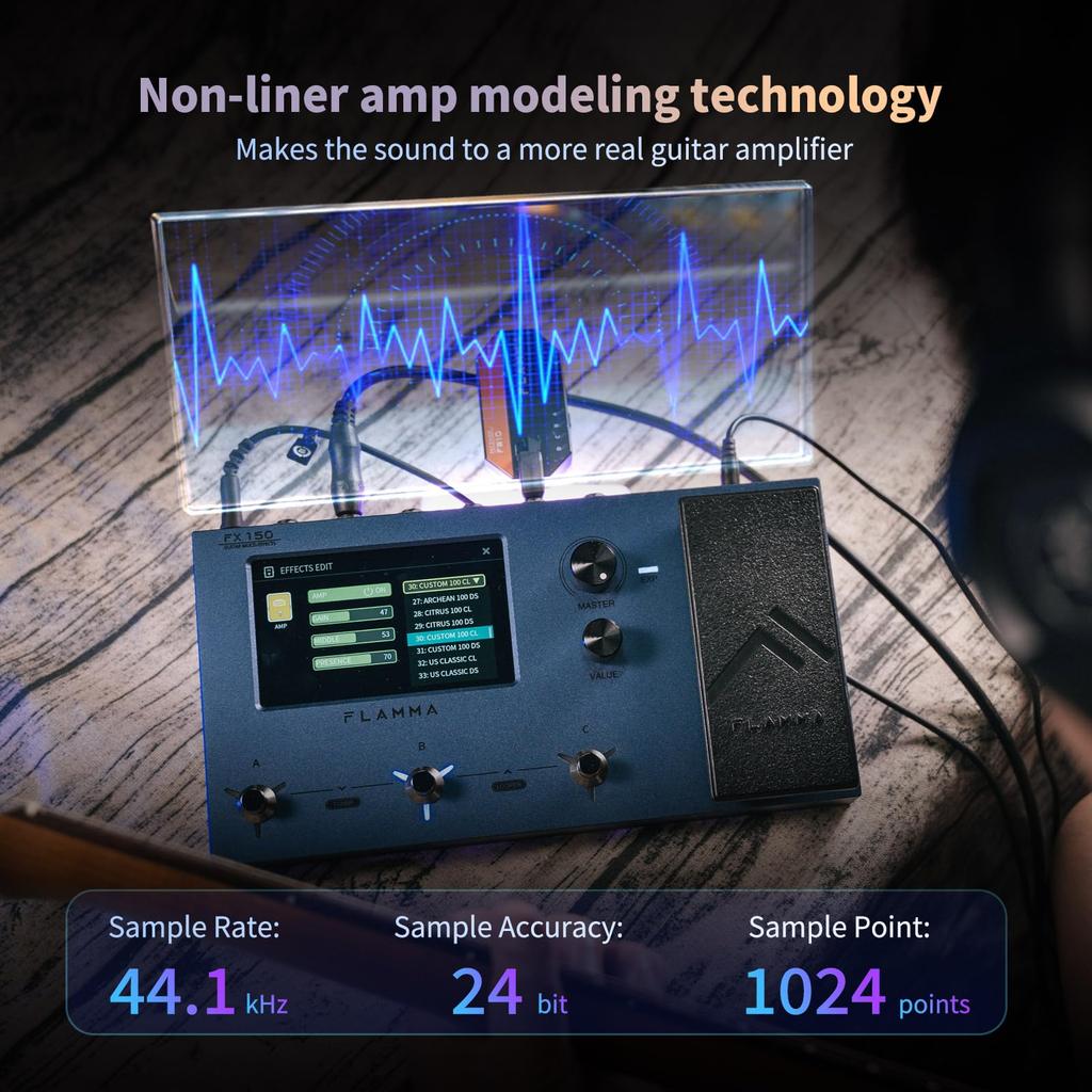 FLAMMA FX150 Processor Electric Guitar Pedal with Amp Modeling Cabinet Global 160 180 Editable User Effect Main Port Multi-Effects Simulation, EQ,