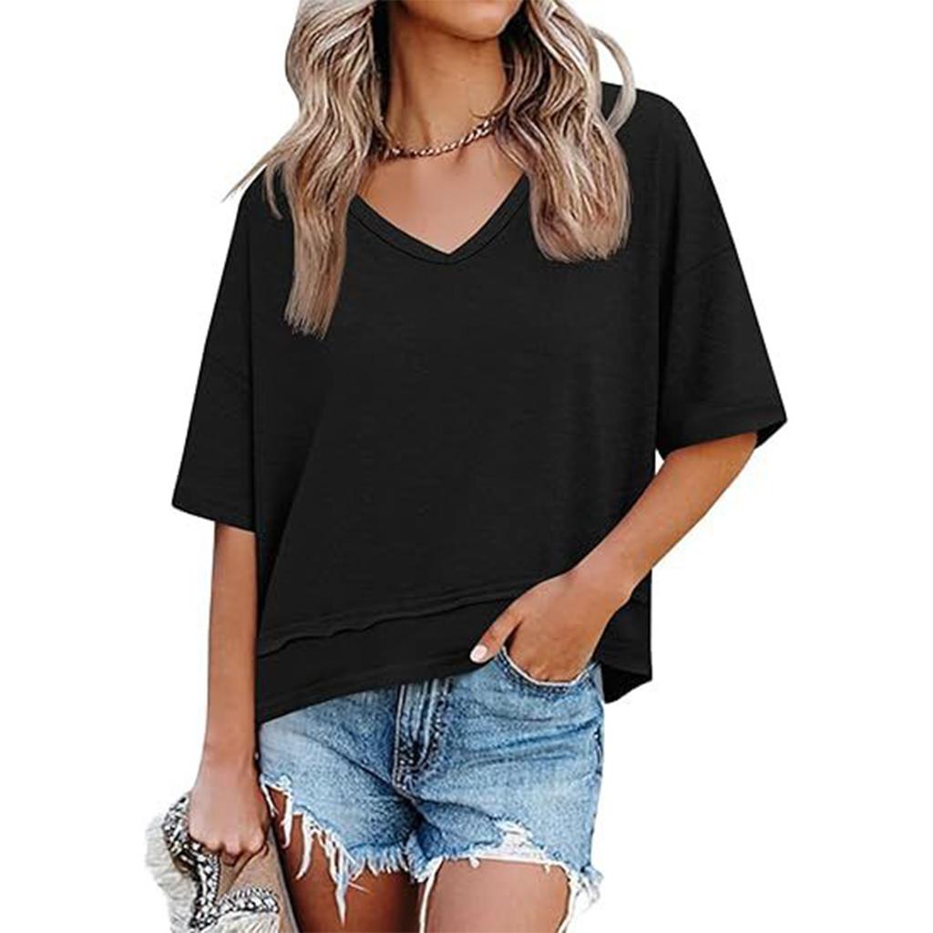 Damenmode Farbe V-Ausschnitt Mittellange Ärmel Saum-Patchwork Locker T-Shirt Top
