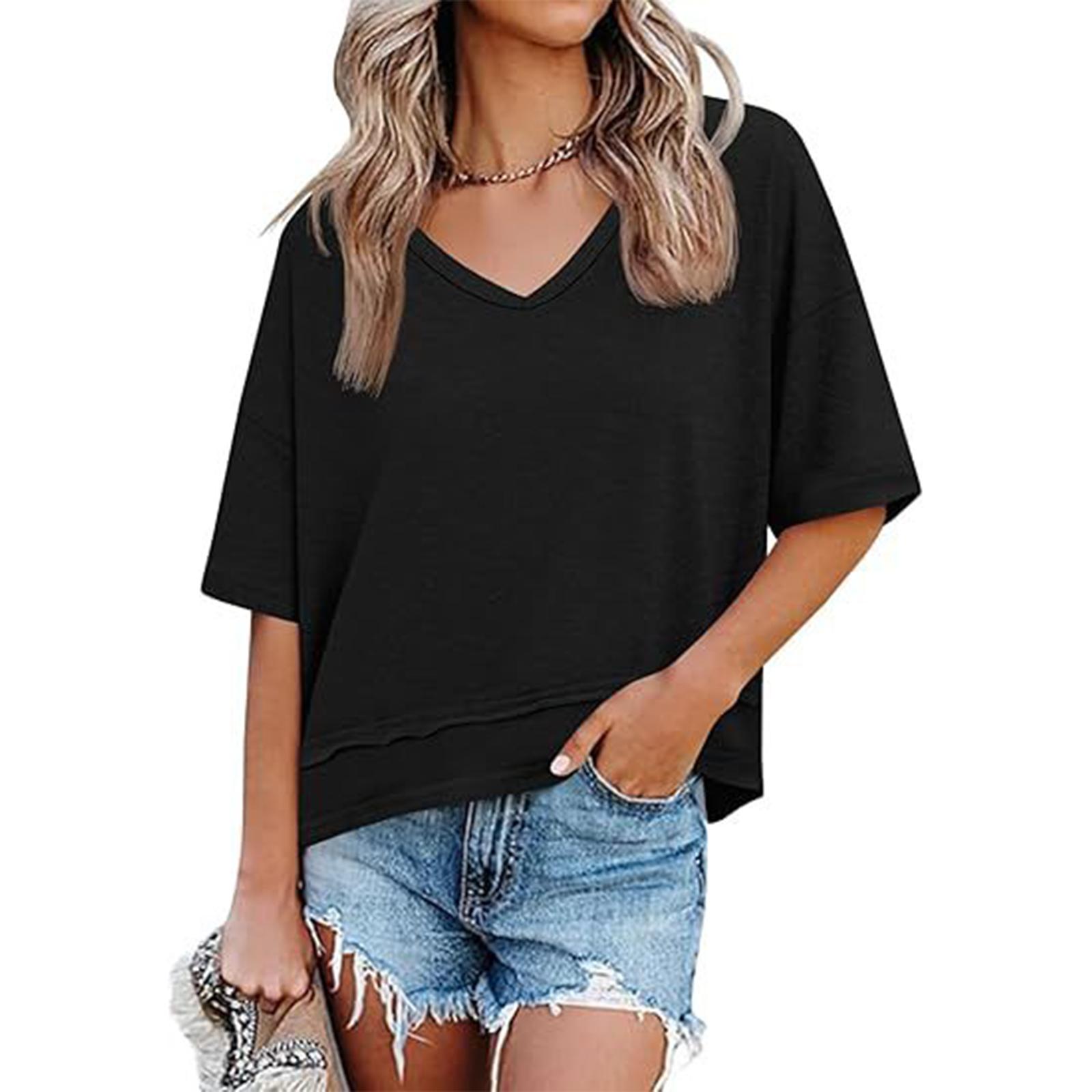 Women s Fashion Color V-neck Mid Sleeve Hem Splicing Loose T-shirt Top XL чёрный