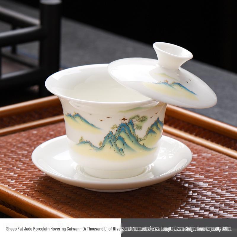 Sheep Fat Jade Porcelain Rotating Gaiwan High-End Ceramic Gongfu Tea Set