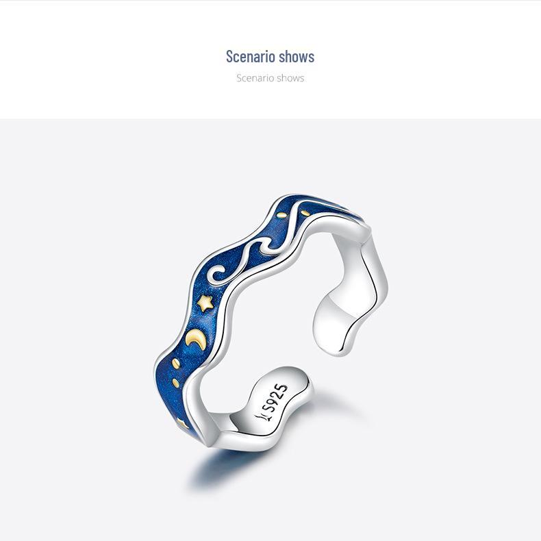 Everle Blue Starry Sky Sterling Silver Gold-Plated Open Ring S925